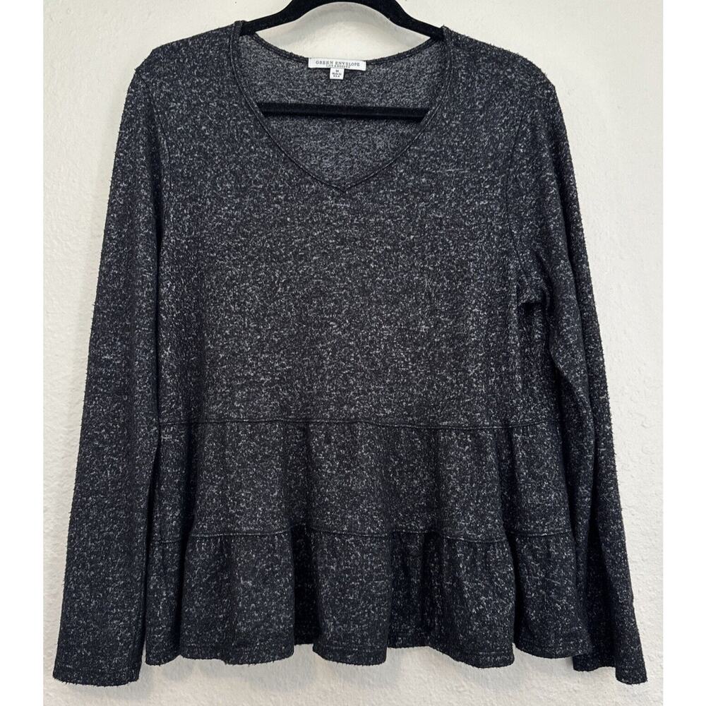 Green Envelope Top Blouse Ruffle Long Sleeve Womens Size M Black White V-Neck